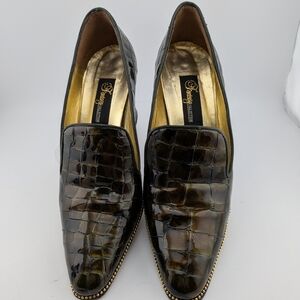 Women's pumps in iridescent green Croc-Embossed Leather